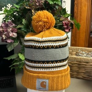 Carhartt tasseled striped knitted stocking cap gold, gray, black and white